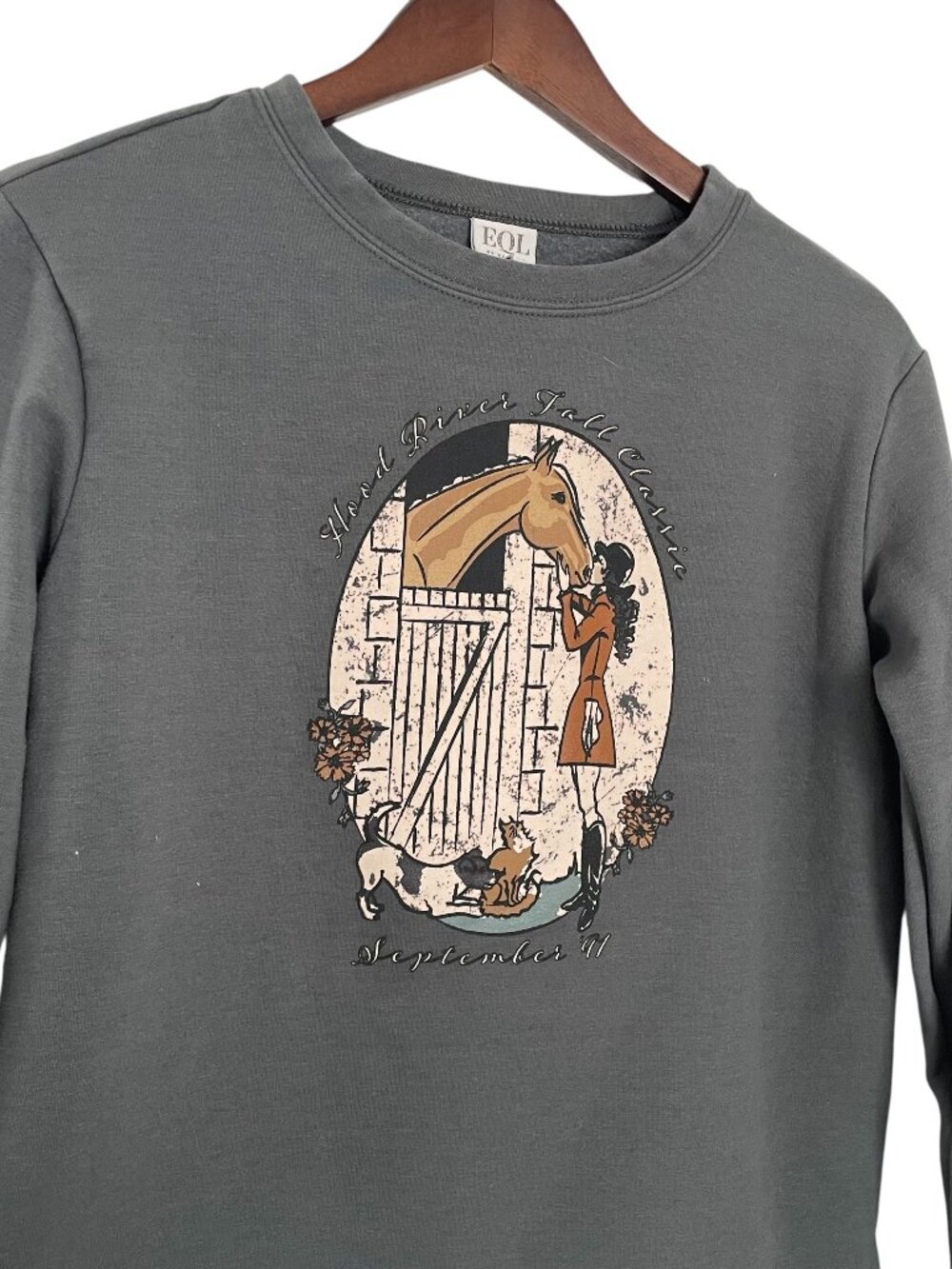 EQL by Kerrits Crew Neck Pullover Sweatshirt Small Gray Equestrian Horse & Rider